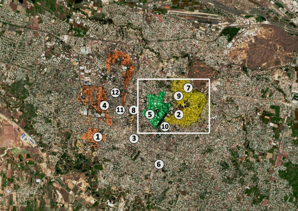 Aerial view of Samarkand in 2020 showing the old city (yellow), the colonial city (green), and Soviet-era apartment blocks and micro-rayons (orange). The areas of the city that are not coloured feature a mix of private dwellings, commercial and administrative buildings. The white box indicates the boundaries of the map by Ernst Giese (see Figure 1). Numbers indicate the approximate location of respondents’ houses